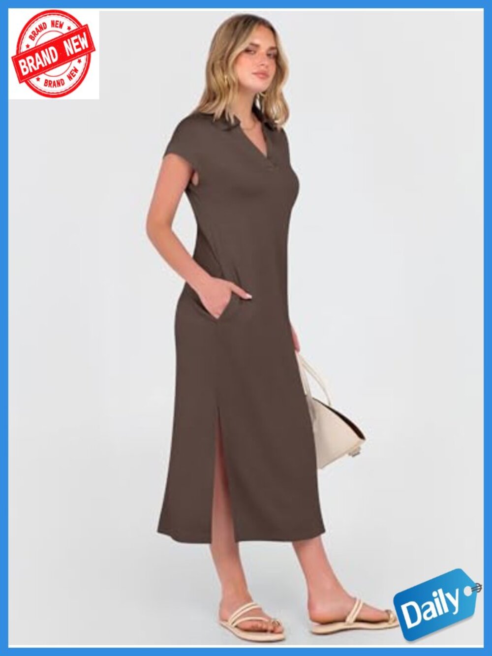 Short Sleeve V-Neck Maxi Dress with Pockets, Casual Loose Fit, Wrinkle-Free - Picture 3 of 6